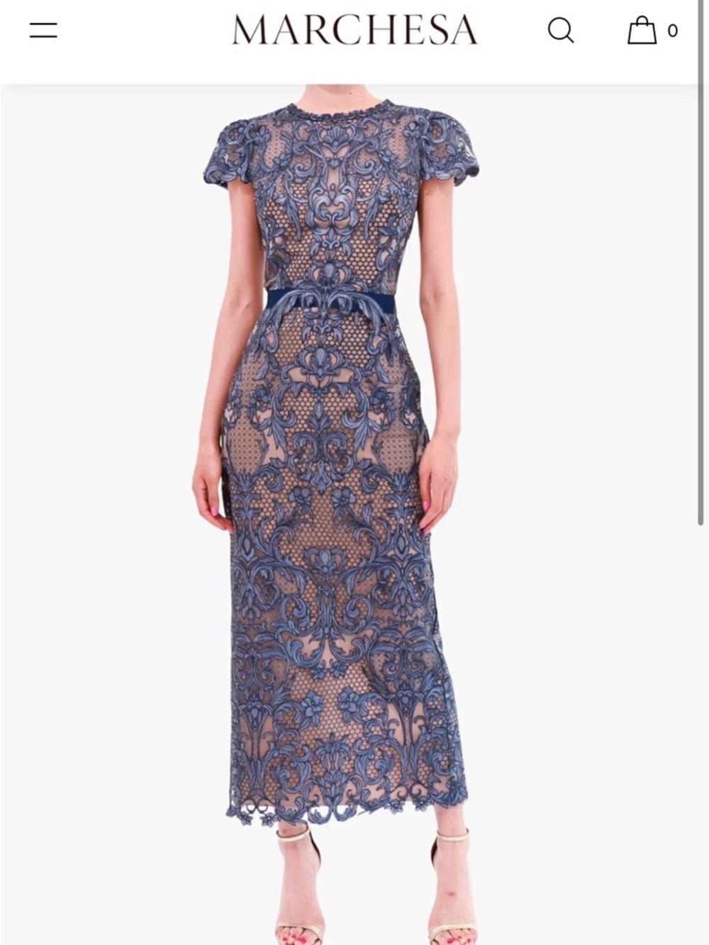 Marchesa Navy Blue Embroidered Lace Midi Dress